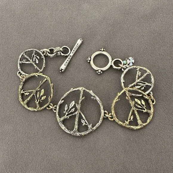 Lucky Brand Peace Symbol Bracelet Toggle Clasp 8" Mixed Metal Twigs & Leaves - Picture 1 of 10